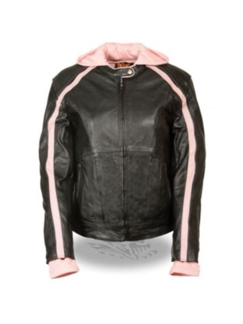 Women's Black Leather Jacket with Pink Accent Hood and Stripes